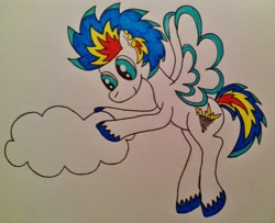 Size: 1280x1039 | Tagged: safe, artist:dawn-designs-art, imported from derpibooru, oc, oc only, oc:tornado flash, pegasus, pony, blue eyes, cloud, male, multicolored hair, solo, stallion, traditional art, white coat