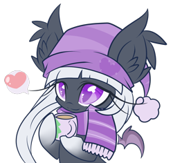 Size: 2200x2080 | Tagged: safe, artist:starlightlore, imported from derpibooru, oc, oc only, oc:love bites, bat pony, pony, clothes, femboy, hat, heart eyes, male, mug, pictogram, scarf, simple background, solo, transparent background, wingding eyes