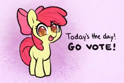 Size: 1114x743 | Tagged: safe, artist:dawnfire, imported from derpibooru, apple bloom, earth pony, pony, 2018 usa midterm elections, abstract background, bow, cute, female, filly, gradient background, hair bow, looking at you, politics, smiling, solo