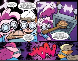 Size: 752x585 | Tagged: safe, artist:agnesgarbowska, idw, imported from derpibooru, applejack, pinkie pie, earth pony, pony, spoiler:comic, spoiler:comic72, comic, duo, female, food, goggles, mad scientist, mare, oven, pie, purple background, simple background, speech bubble, they called me mad