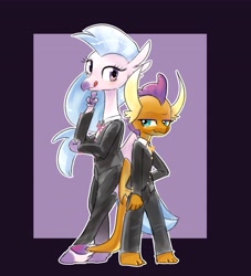 Size: 3342x3685 | Tagged: safe, artist:yajima, imported from derpibooru, silverstream, smolder, anthro, dragon, hippogriff, unguligrade anthro, back to back, clothes, duo, female