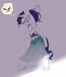 Size: 2151x2480 | Tagged: safe, artist:yajima, imported from derpibooru, rarity, anthro, semi-anthro, unicorn, arm hooves, belly button, bikini, blushing, clothes, female, sandals, see-through, see-through skirt, skirt, sun, sweat, swimsuit, thought bubble
