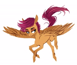 Size: 2482x2109 | Tagged: safe, artist:weird--fish, imported from derpibooru, scootaloo, pegasus, pony, female, filly, lidded eyes, scootaloo can fly, simple background, smiling, solo, white background