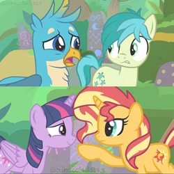 Size: 480x480 | Tagged: safe, edit, edited screencap, imported from derpibooru, screencap, gallus, sandbar, sunset shimmer, twilight sparkle, alicorn, earth pony, griffon, pony, unicorn, chest fluff, cutie mark, female, male, mare, smiling, teenager, twilight sparkle (alicorn)