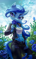 Size: 1771x2834 | Tagged: safe, artist:holivi, imported from derpibooru, oc, oc only, oc:raylanda, anthro, abs, anthro oc, blue rose, clothes, commission, female, flower, jacket, jeans, looking at you, mare, midriff, pants, ripped pants, scenery, signature