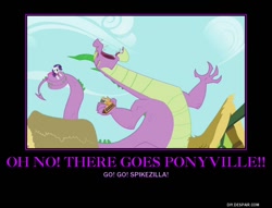 Size: 750x574 | Tagged: safe, artist:gollum123, edit, edited screencap, imported from derpibooru, screencap, rarity, spike, dragon, secret of my excess, blue oyster cult, godzilla (series), greed spike, lyrics, male, motivational poster, parody, prehensile tail, song reference, spikezilla, tail hold, text