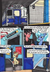 Size: 2089x2978 | Tagged: safe, artist:newyorkx3, imported from derpibooru, princess luna, oc, oc:tommy, human, comic:young days, comic, dialogue, manehattan, s1 luna, subway, traditional art