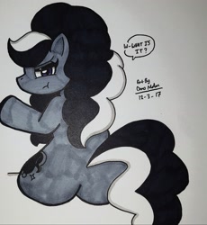 Size: 2286x2485 | Tagged: safe, artist:sketchyanon, imported from derpibooru, oc, oc:cornelia, skunk, skunk pony, butt, female, looking at you, mare, plot, simple background, sitting, text, white background