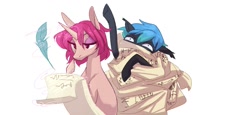 Size: 1745x800 | Tagged: safe, artist:weird--fish, imported from derpibooru, oc, oc only, oc:delusive rose, oc:moondrive, bat pony, pony, unicorn, bat pony oc, duo, female, magic, mare, quill, scroll, simple background, tangled up, telekinesis, white background