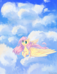 Size: 1150x1500 | Tagged: safe, artist:melloncollie-chan, imported from derpibooru, fluttershy, pegasus, pony, cloud, female, flying, looking at you, looking sideways, mare, sky, smiling, solo, spread wings, three quarter view, wings