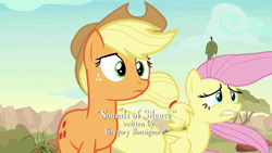 Size: 1280x720 | Tagged: safe, imported from derpibooru, screencap, applejack, fluttershy, earth pony, pegasus, pony, sounds of silence, credits, duo, female, gregory bonsignore, mare, opening credits