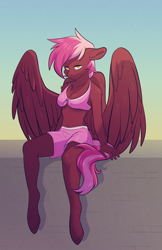 Size: 2598x4020 | Tagged: safe, artist:raponee, derpibooru exclusive, imported from derpibooru, oc, oc only, oc:zeny, anthro, pegasus, unguligrade anthro, bedroom eyes, belly button, bikini, bikini top, breasts, cleavage, clothes, female, looking at you, midriff, shorts, sitting, smiling, solo, spread wings, sunset, swimming trunks, swimsuit, wall, wings