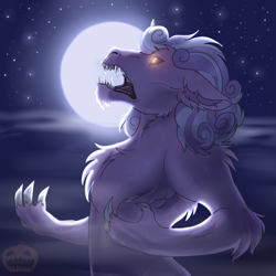 Size: 2000x2000 | Tagged: safe, artist:shimazun, imported from derpibooru, oc, oc only, oc:quartz horn, pony, unicorn, werewolf, claws, moon, nightmare night, scary, solo