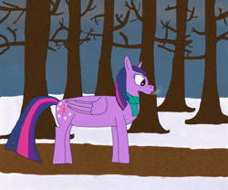 Size: 1200x1000 | Tagged: safe, artist:darksha457, imported from derpibooru, twilight sparkle, alicorn, pony, breath, clothes, female, forest, ms paint, path, scarf, simple background, snow, solo, tree, twilight sparkle (alicorn), winter