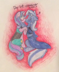 Size: 1171x1428 | Tagged: safe, artist:silvermoon718, imported from derpibooru, starlight glimmer, trixie, pony, unicorn, clothes, cosplay, costume, crossover, duo, female, gem, kiss on the lips, kissing, lapidot, lapis lazuli (steven universe), lesbian, mare, peridot, peridot (steven universe), shipping, startrix, steven universe, traditional art