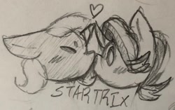 Size: 1280x804 | Tagged: safe, artist:thegreatsolaris, imported from derpibooru, starlight glimmer, trixie, blushing, female, heart, lesbian, shipping, sketch, startrix, traditional art