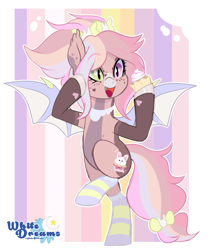 Size: 1859x2235 | Tagged: safe, artist:xwhitedreamsx, imported from derpibooru, oc, oc only, oc:charity cakes, bat pony, pony, rabbit, abstract background, balancing, bat pony oc, bat wings, bipedal, bow, clothes, color outline, cupcake, cute, cute little fangs, ear tufts, fangs, female, food, freckles, hair bow, heart, heterochromia, hoof hold, hoof polish, jewelry, kidcore, mare, necklace, on one hoof, ponytail, rainbow, raised eyebrows, signature, socks, solo, standing, standing on one leg, striped socks, tail bow, watermark, wings