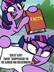 Size: 500x667 | Tagged: safe, artist:quarium edits, imported from derpibooru, twilight sparkle, alicorn, pony, best gift ever, christmas, december, exploitable meme, female, holiday, mare, meme, solo, twilight sparkle (alicorn), twilight's fact book
