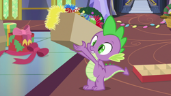 Size: 1280x720 | Tagged: safe, imported from derpibooru, screencap, spike, dragon, best gift ever, box, decoration, male, solo, tail, winged spike, wings