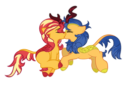 Size: 1861x1285 | Tagged: safe, artist:neighsay, imported from derpibooru, flash sentry, sunset shimmer, kirin, sounds of silence, cloven hooves, colored hooves, female, flashimmer, kirin flash sentry, kirin sunset, kirin-ified, kissing, male, shipping, simple background, species swap, straight, white background