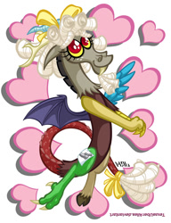 Size: 720x937 | Tagged: safe, artist:texasuberalles, imported from derpibooru, discord, draconequus, bow, fake cutie mark, hair bow, heart, male, simple background, solo, white background