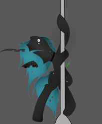 Size: 1644x2008 | Tagged: source needed, safe, artist:groomlake, imported from derpibooru, queen chrysalis, changeling, changeling queen, pony, dancing, female, gray background, mare, pole, pole dancing, simple, simple background, solo, stripper pole, stupid sexy chrysalis