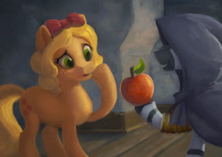 Size: 1100x780 | Tagged: safe, artist:gor1ck, imported from derpibooru, applejack, zecora, earth pony, pony, apple, cloak, clothes, crossover, female, food, mare, smiling, snow white and the seven dwarfs