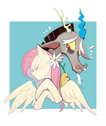 Size: 1024x1211 | Tagged: safe, artist:sadistjolt, imported from derpibooru, discord, fluttershy, draconequus, pegasus, pony, bust, crossed hooves, duo, eyes closed, female, flower, head turn, male, mare, rejection, shipping denied, simple background, spread wings, teary eyes, turned head, wings