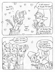 Size: 849x1100 | Tagged: safe, artist:circe, imported from derpibooru, applejack, rainbow dash, twilight sparkle, alicorn, anthro, unguligrade anthro, comic:soreloser, black and white, clothes, detective, grayscale, inspector jacques clouseau, monochrome, pleated skirt, skirt, spread wings, the pink panther, traditional art, twilight sparkle (alicorn), wingboner, wings