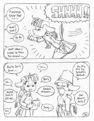 Size: 849x1100 | Tagged: safe, artist:circe, imported from derpibooru, applejack, pinkie pie, rainbow dash, twilight sparkle, alicorn, anthro, unguligrade anthro, comic:soreloser, black and white, clothes, comic, grayscale, inspector jacques clouseau, monochrome, pleated skirt, skirt, the pink panther, traditional art, twilight sparkle (alicorn)