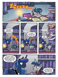 Size: 768x1024 | Tagged: safe, artist:tonyfleecs, idw, imported from derpibooru, amethyst maresbury, marian, princess luna, stygian, alicorn, pony, unicorn, nightmare knights, spoiler:comic, spoiler:comicnightmareknights02, book, bookshelf, clue, comic, cute, dream walker luna, ethereal mane, female, glasses, library, male, mare, official comic, preview, shhh, sleeping, speech bubble, stallion, starry mane, stygabetes, stygianbetes, zzz