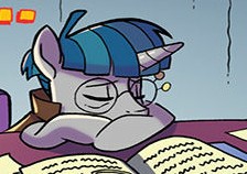 Size: 224x158 | Tagged: safe, artist:tonyfleecs, idw, imported from derpibooru, stygian, pony, unicorn, nightmare knights, spoiler:comic, spoiler:comicnightmareknights02, cropped, cute, eyes closed, glasses, male, official comic, sleeping, solo, stallion, stygabetes, stygianbetes