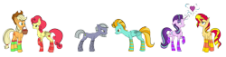 Size: 6271x1582 | Tagged: safe, alternate version, artist:icey-wicey-1517, artist:icicle-wicicle-1517, artist:nightpaint12, color edit, edit, imported from derpibooru, applejack, lightning dust, limestone pie, starlight glimmer, strawberry sunrise, sunset shimmer, earth pony, pegasus, pony, unicorn, applejack's hat, applerise, basket, chest fluff, clothes, collaboration, colored, cowboy hat, cute, female, food, hat, heart, lesbian, limedust, looking at each other, mare, mouth hold, nervous, raised hoof, shimmerglimmer, shipping, simple background, socks, staring contest, stockings, strawberry, striped socks, thigh highs, transparent background