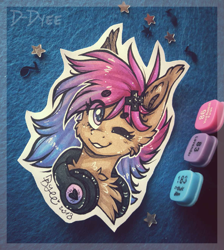 Size: 1185x1321 | Tagged: safe, artist:tay-niko-yanuciq, artist:tenebristayga, imported from derpibooru, oc, oc only, oc:afternight, pony, female, headphones, mare, one eye closed, solo, traditional art, wink