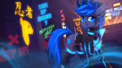 Size: 1919x1079 | Tagged: safe, artist:redchetgreen, imported from derpibooru, oc, oc only, oc:starfall spark, oc:vibrant star, earth pony, pony, art trade, clothes, coat, cyberpunk, facial hair, goatee, hoofless socks, looking at you, male, neon, neon sign, sign, smiling, socks, solo