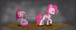 Size: 2049x823 | Tagged: safe, artist:thefrrealdeal, imported from derpibooru, pinkie pie, earth pony, pony, chained, chains, duality, duo, pinkamena diane pie