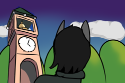 Size: 3000x2000 | Tagged: safe, artist:vbronny, imported from derpibooru, oc, oc only, earth pony, pony, bell, clock, clock tower, clocktower, cloud, male, solo, stallion, tree