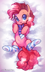 Size: 1880x3000 | Tagged: dead source, safe, artist:vixenvalley, imported from derpibooru, pinkie pie, earth pony, pony, clothes, cute, diapinkes, female, hnnng, mare, on back, scarf, snow, socks, solo, striped socks, winter