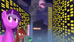 Size: 1280x720 | Tagged: safe, artist:vbronny, imported from derpibooru, oc, oc only, earth pony, pony, unicorn, city, female, hooves, horn, mare, moon, night