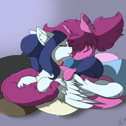 Size: 1280x1280 | Tagged: safe, artist:aurorafang, imported from derpibooru, oc, oc only, oc:aurorafang, oc:flurry, pegasus, pony, unicorn, couple, cuddling, female, fluffy, flurora, hair bun, licking, male, mare, pillow, sleeping, stallion, tongue out, wings