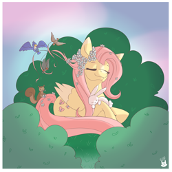 Size: 1280x1280 | Tagged: safe, artist:cckittycreative, imported from derpibooru, angel bunny, fluttershy, bird, pegasus, pony, squirrel, bush, colored wings, colored wingtips, eyes closed, female, flower, flower in hair, flower in tail, folded wings, mare, outdoors, peaceful, prone, wings