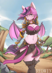 Size: 2500x3500 | Tagged: safe, artist:redwix, imported from derpibooru, oc, oc only, oc:battica, alicorn, anthro, bat pony, bat pony alicorn, anthro oc, bat pony oc, belly button, boots, breasts, clothes, cloud, commission, female, looking at you, sexy, shoes, skirt, sky, solo, sword, thigh boots, thighs, tree, weapon, ych result