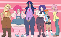 Size: 900x559 | Tagged: safe, artist:cottoncloudy, imported from derpibooru, applejack, fluttershy, pinkie pie, rainbow dash, rarity, twilight sparkle, alicorn, human, bandana, bbw, boots, chubbie pie, chubby, cis, cis girl, clothes, converse, elf ears, fat, fit, glasses, high heels, humanized, mane six, muscles, obese, overalls, piggy pie, plump, pudgy pie, sandals, shoes, smoldash, sneakers, socks, stockings, striped socks, sweater, tanned, thick, thigh highs, thunder thighs, twilight sparkle (alicorn)