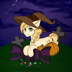 Size: 2000x2000 | Tagged: safe, artist:bestiary, imported from derpibooru, sweet biscuit, pony, candy, commission, food, hat, lightning, looking at you, pumpkin, witch hat