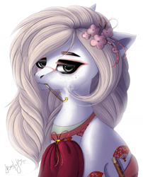 Size: 1280x1584 | Tagged: safe, artist:bastet-catmew, imported from derpibooru, oc, oc only, earth pony, pony, bust, clothes, female, kimono (clothing), mare, pipe, portrait, simple background, solo, white background