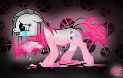 Size: 961x614 | Tagged: safe, artist:9cynthia, artist:islamilenaria, imported from derpibooru, pinkie pie, earth pony, pony, abstract background, color loss, crying, female, pinkamena diane pie, sad, solo