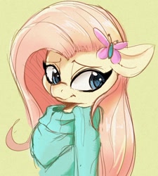 Size: 737x819 | Tagged: safe, artist:tre, imported from derpibooru, fluttershy, butterfly, pony, bust, clothes, female, simple background, smiling, solo, sweater, sweatershy