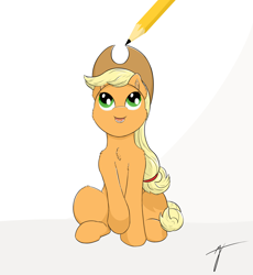 Size: 1726x1878 | Tagged: safe, artist:taxar, imported from derpibooru, part of a set, applejack, earth pony, pony, chest fluff, drawn into existence, ear fluff, female, pencil, sitting, smiling, solo