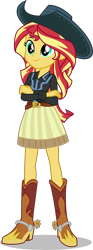 Size: 2080x5600 | Tagged: safe, artist:cencerberon, imported from derpibooru, sunset shimmer, equestria girls, adorable face, beautiful, beautiful eyes, beautiful hair, belt, boots, clothes, cowboy boots, cowboy hat, cowgirl, crossed arms, cute, female, hat, high heel boots, shimmerbetes, shoes, show accurate, simple background, skirt, smiling, solo, spurs, stetson, transparent background, vector, woman