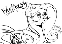 Size: 1180x845 | Tagged: safe, artist:mushroomcookiebear, imported from derpibooru, fluttershy, pony, female, monochrome, solo, sweat, sweatdrop